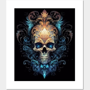 Skull on Blue Fire: Baroque Vintage Ornament Background Posters and Art